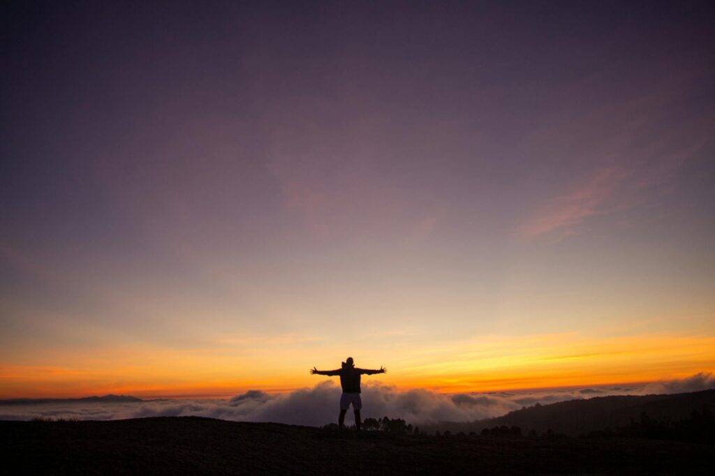 silhouette of man standing on hill during dusk
